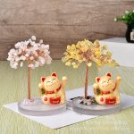 Solar Powered Lucky Cat, Crystal Gemstone Tree Base, Waving Maneki Neko, Handmade Wealth Tree Desktop Decor Office - Image 3