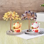 Solar Powered Lucky Cat, Crystal Gemstone Tree Base, Waving Maneki Neko, Handmade Wealth Tree Desktop Decor Office - Image 4