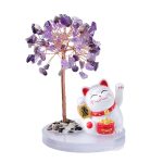 Solar Powered Lucky Cat, Crystal Gemstone Tree Base, Waving Maneki Neko, Handmade Wealth Tree Desktop Decor Office