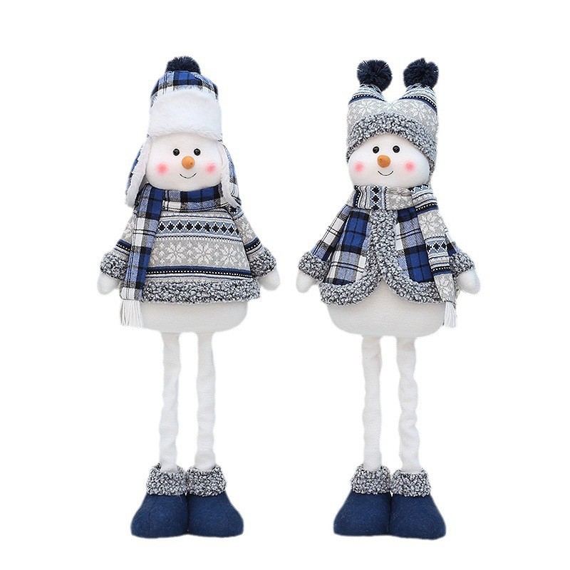 主图-06 Blue Fabric Stretchable Snowman, Christmas Plush Doll Decor, Retractable Snowman Toy, Festive Tabletop Decoration - Image 1